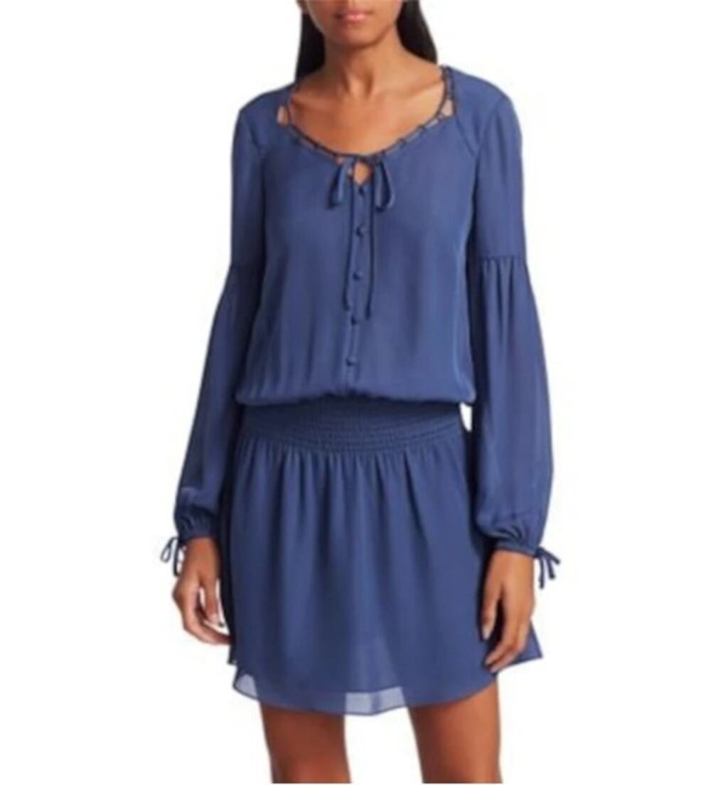 Parker Dorit Silk Smocked Blouson Dress Women XS Blue Tie Scoop Neck Long Sleeve